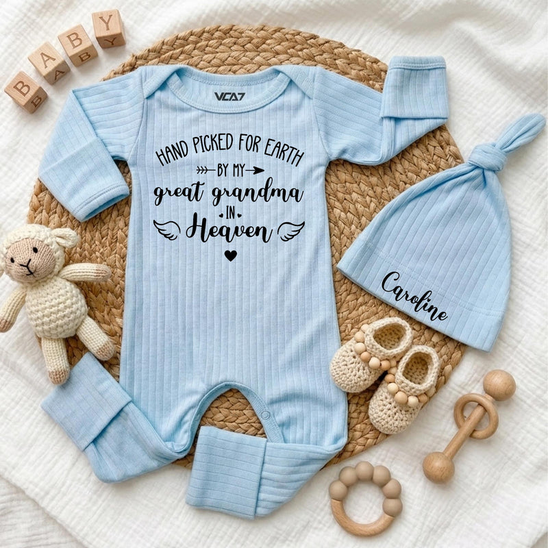 Personalized Baby Bodysuit and Hat Set, Hand Picked for Earth by Grandma in Heaven, Custom Newborn Outfit, Sentimental Baby Shower Gift
