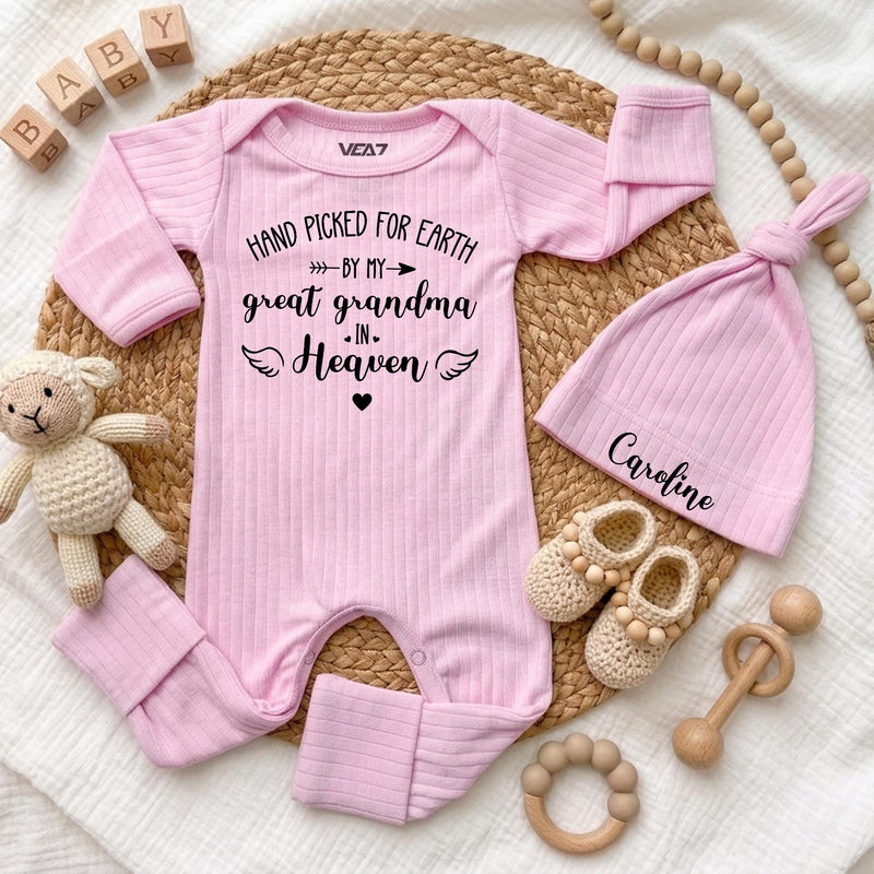 Personalized Baby Bodysuit and Hat Set, Hand Picked for Earth by Grandma in Heaven, Custom Newborn Outfit, Sentimental Baby Shower Gift