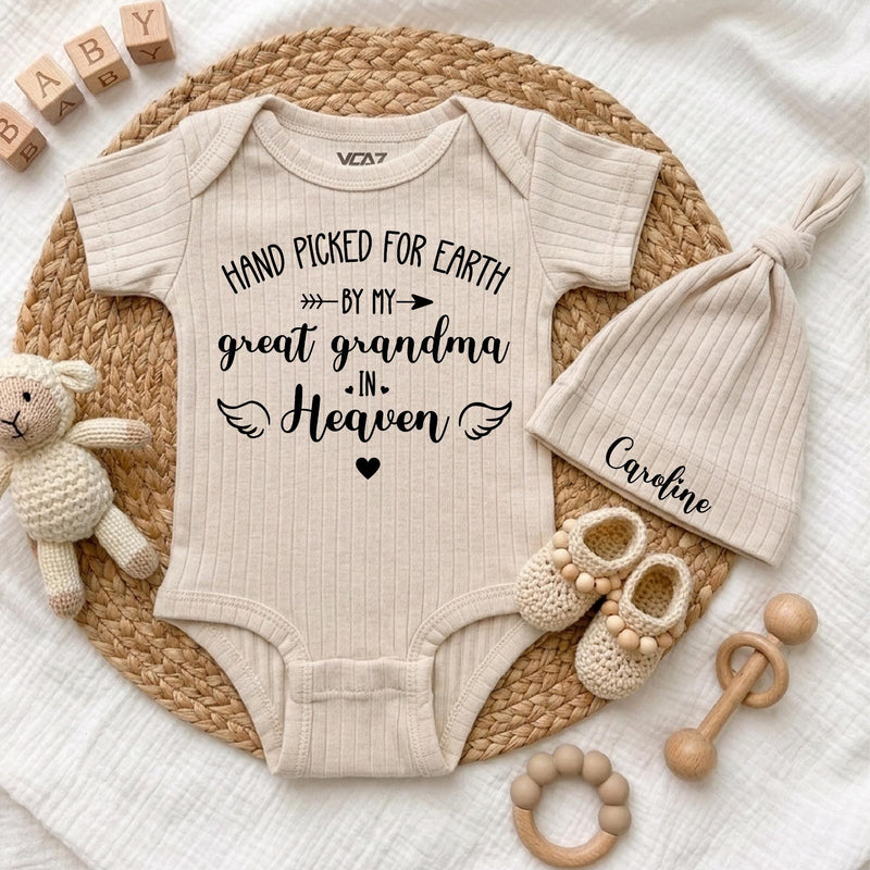 Personalized Baby Bodysuit and Hat Set, Hand Picked for Earth by Grandma in Heaven, Custom Newborn Outfit, Sentimental Baby Shower Gift