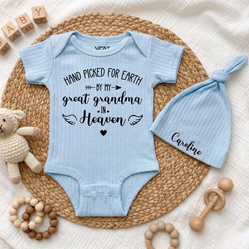 Personalized Baby Bodysuit and Hat Set, Hand Picked for Earth by Grandma in Heaven, Custom Newborn Outfit, Sentimental Baby Shower Gift