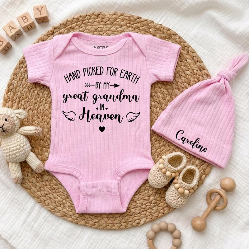 Personalized Baby Bodysuit and Hat Set, Hand Picked for Earth by Grandma in Heaven, Custom Newborn Outfit, Sentimental Baby Shower Gift