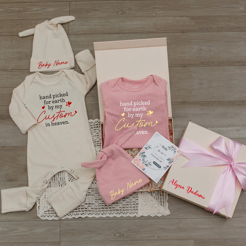 Personalized Baby Bodysuit and Hat Set - 'Hand Picked for Earth by My Custom in Heaven' Quote, Ribbed Cotton Newborn Gift for Memorials