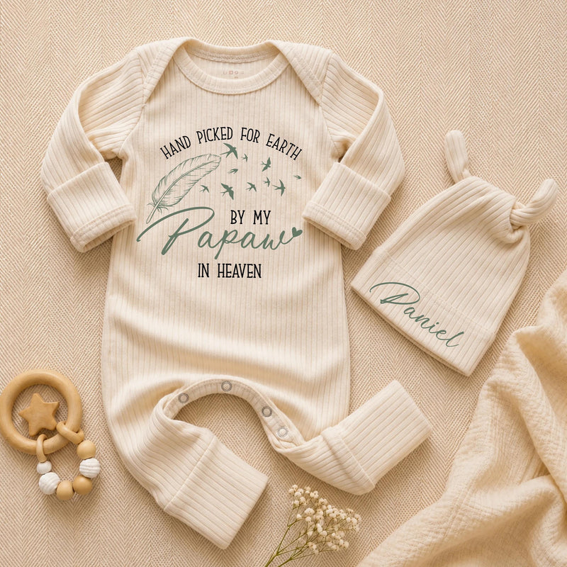 Personalized Baby Bodysuit & Hat Set - Hand Picked for Earth by My Papaw in Heaven - Soft Cotton Newborn Outfit for Memorial Gift