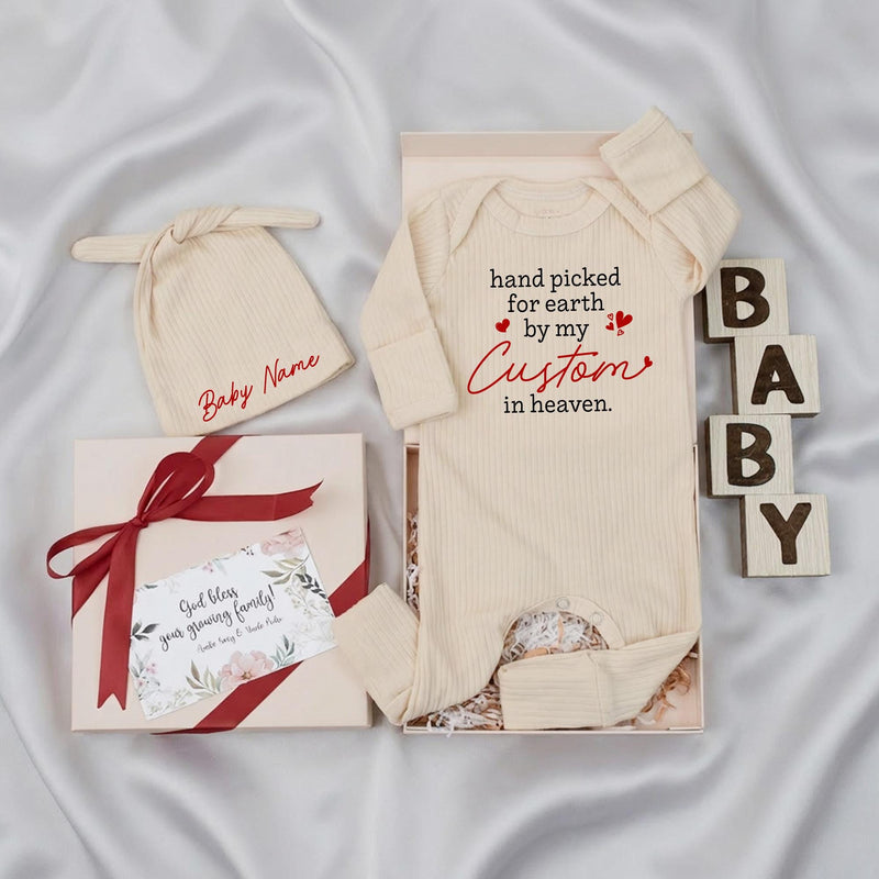 Personalized Baby Bodysuit and Hat Set - 'Hand Picked for Earth by My Custom in Heaven' Quote, Ribbed Cotton Newborn Gift for Memorials