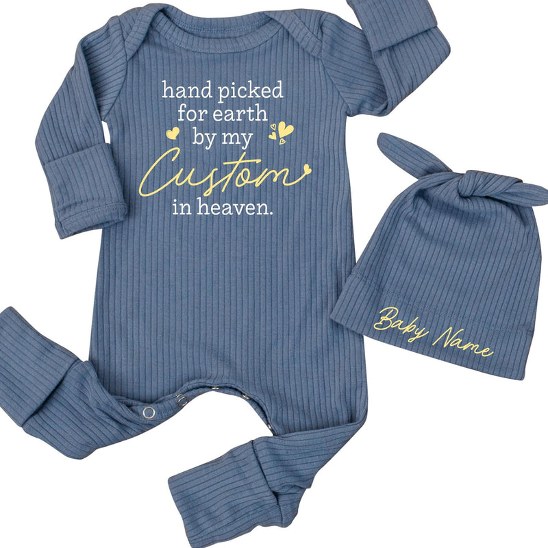 Personalized Baby Bodysuit and Hat Set - 'Hand Picked for Earth by My Custom in Heaven' Quote, Ribbed Cotton Newborn Gift for Memorials