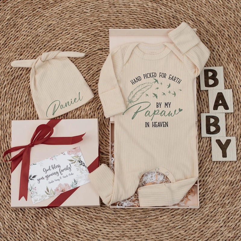Personalized Baby Bodysuit & Hat Set - Hand Picked for Earth by My Papaw in Heaven - Soft Cotton Newborn Outfit for Memorial Gift