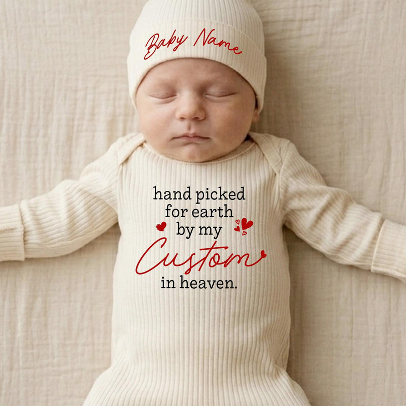 Personalized Baby Bodysuit and Hat Set - 'Hand Picked for Earth by My Custom in Heaven' Quote, Ribbed Cotton Newborn Gift for Memorials