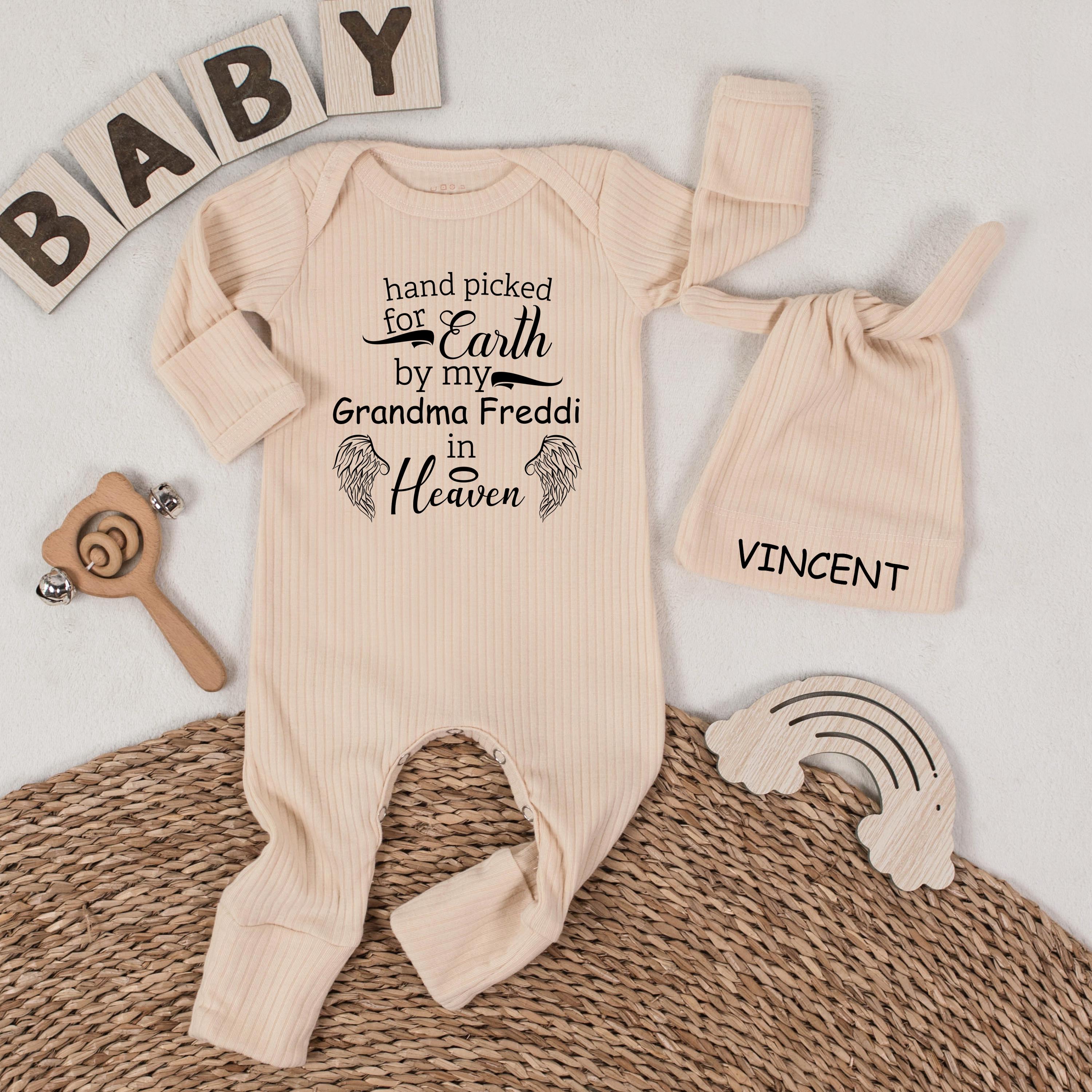 Personalized Baby Bodysuit and Hat Set Hand Picked for Earth by Grandma in Heaven Sentimental Baby Shower or Pregnancy Announcement Gift
