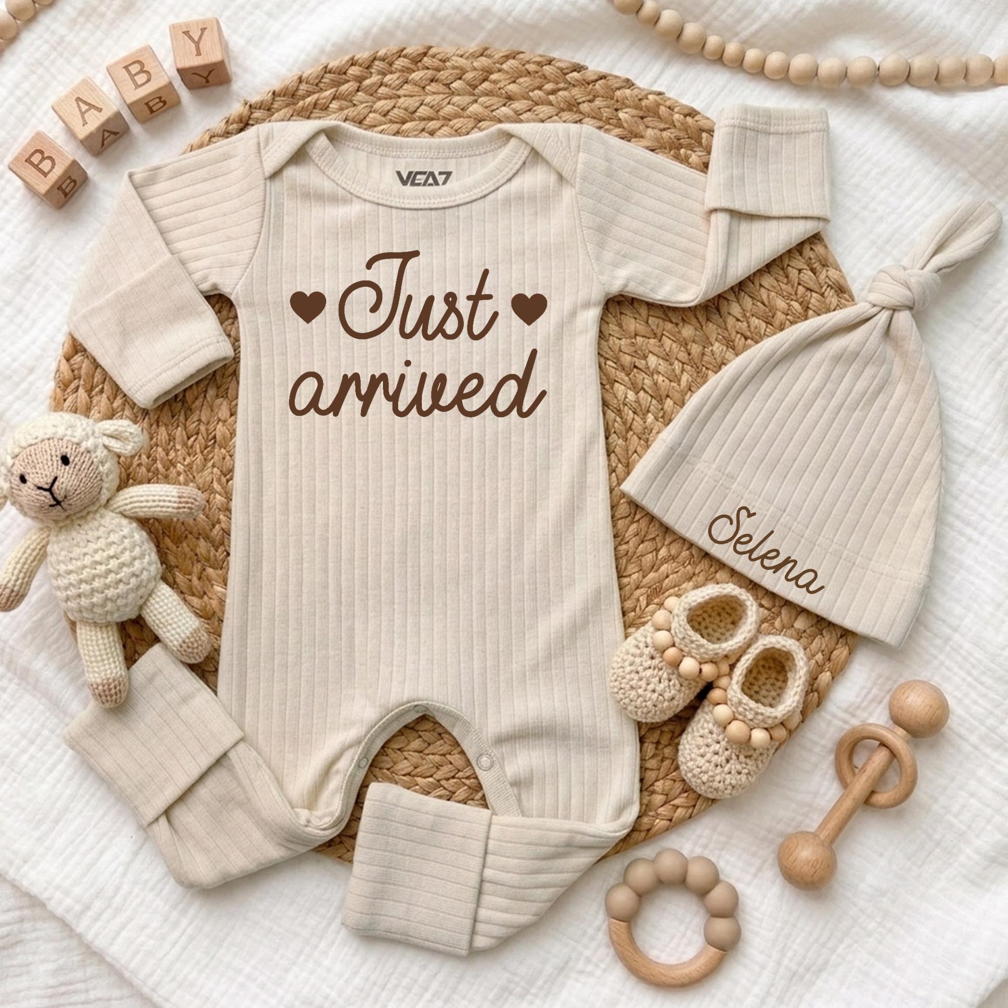 Personalized Baby Bodysuit and Hat Set, Just Arrived Ribbed Cotton Outfit, Newborn Coming Home Clothes, Baby Shower Gift for Girls or Boys