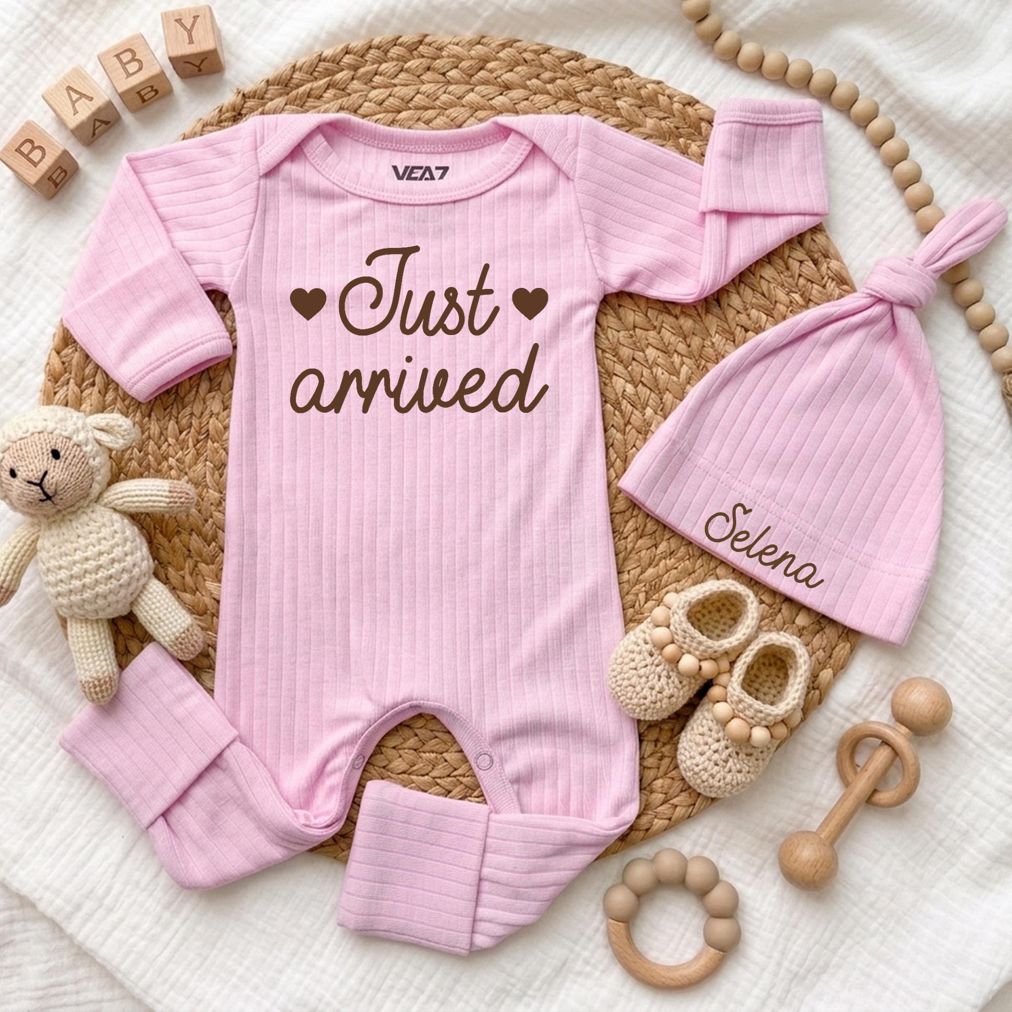 Personalized Baby Bodysuit and Hat Set, Just Arrived Ribbed Cotton Outfit, Newborn Coming Home Clothes, Baby Shower Gift for Girls or Boys