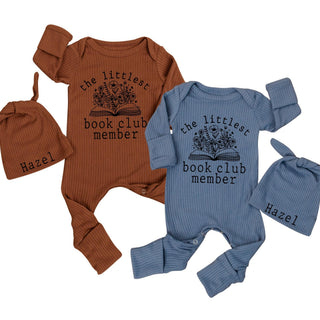 Personalized Baby Bodysuit & Hat Set with 'The Littlest Book Club Member' Artwork, Soft Cotton Outfit for Newborns, Perfect Baby Shower Gift