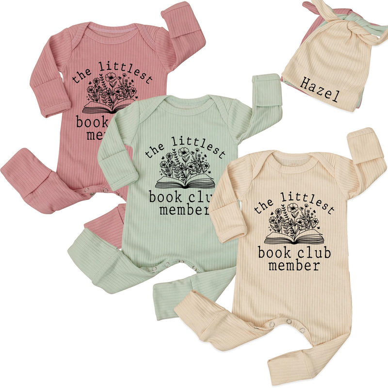 Personalized Baby Bodysuit & Hat Set with 'The Littlest Book Club Member' Artwork, Soft Cotton Outfit for Newborns, Perfect Baby Shower Gift