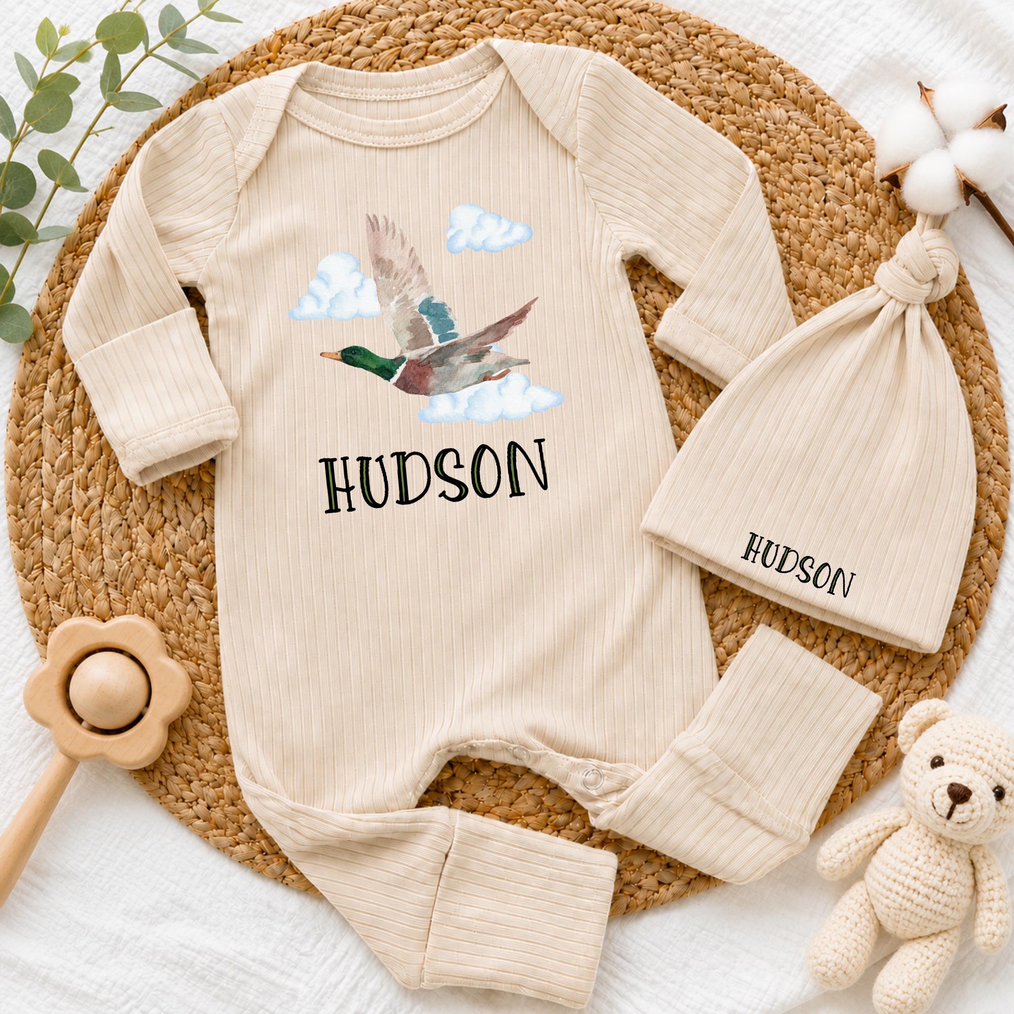Personalized Baby Bodysuit and Hat Set with Mallard Duck Artwork, Custom Name Option, Soft Cotton Newborn Coming Home Outfit, Baby Shower Gift
