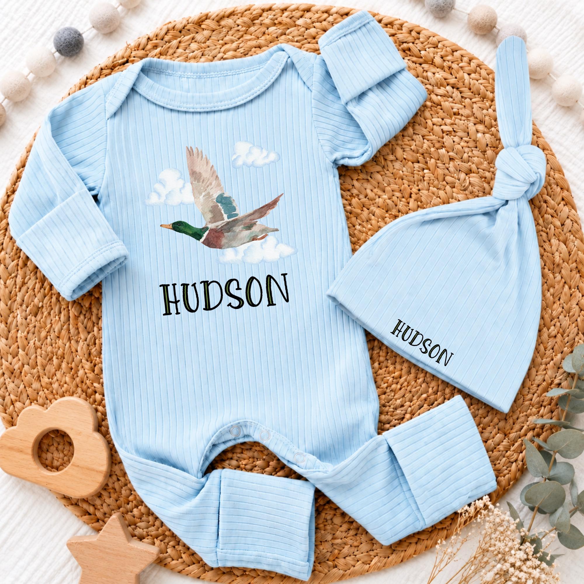 Personalized Baby Bodysuit and Hat Set with Mallard Duck Artwork, Custom Name Option, Soft Cotton Newborn Coming Home Outfit, Baby Shower Gift