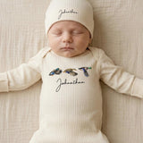 Personalized Baby Bodysuit and Hat Set with Mallard Duck Print, Custom Name Ribbed Cotton Romper, Newborn Outfit for Baby Shower Gift