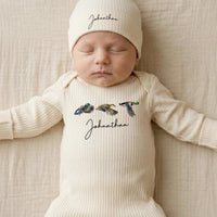 Personalized Baby Bodysuit and Hat Set with Mallard Duck Print, Custom Name Ribbed Cotton Romper, Newborn Outfit for Baby Shower Gift