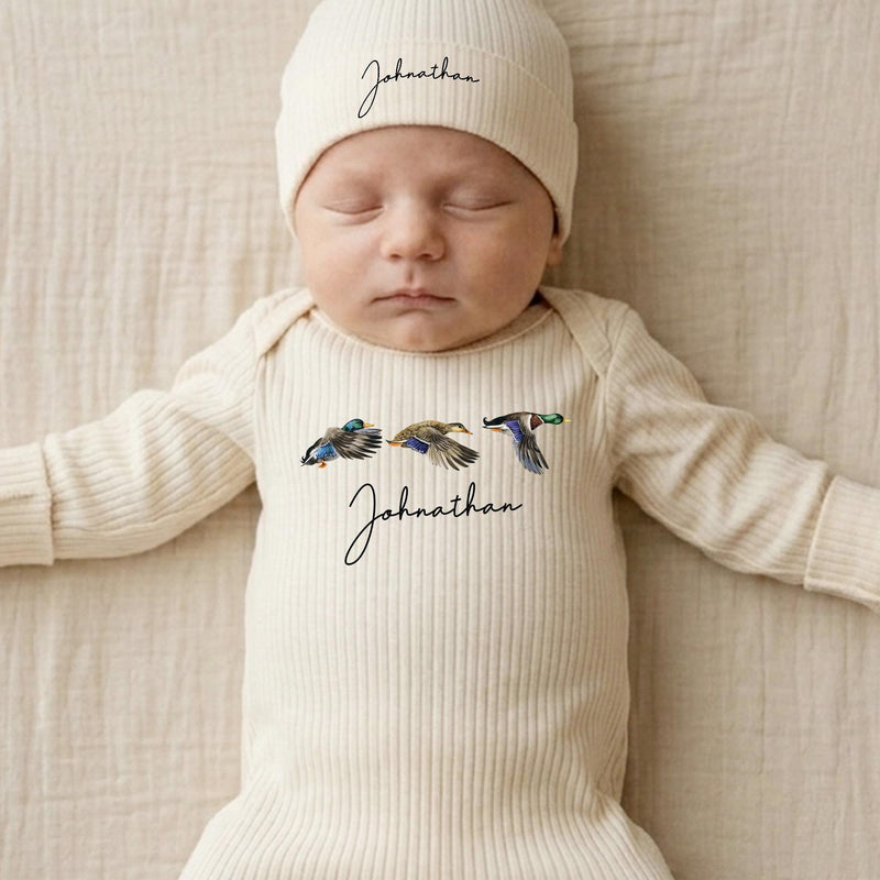Personalized Baby Bodysuit and Hat Set with Mallard Duck Print, Custom Name Ribbed Cotton Romper, Newborn Outfit for Baby Shower Gift