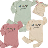 Personalized Baby Bodysuit and Hat Set with Mallard Duck Print, Custom Name Ribbed Cotton Romper, Newborn Outfit for Baby Shower Gift