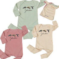 Personalized Baby Bodysuit and Hat Set with Mallard Duck Print, Custom Name Ribbed Cotton Romper, Newborn Outfit for Baby Shower Gift