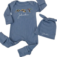 Personalized Baby Bodysuit and Hat Set with Mallard Duck Print, Custom Name Ribbed Cotton Romper, Newborn Outfit for Baby Shower Gift