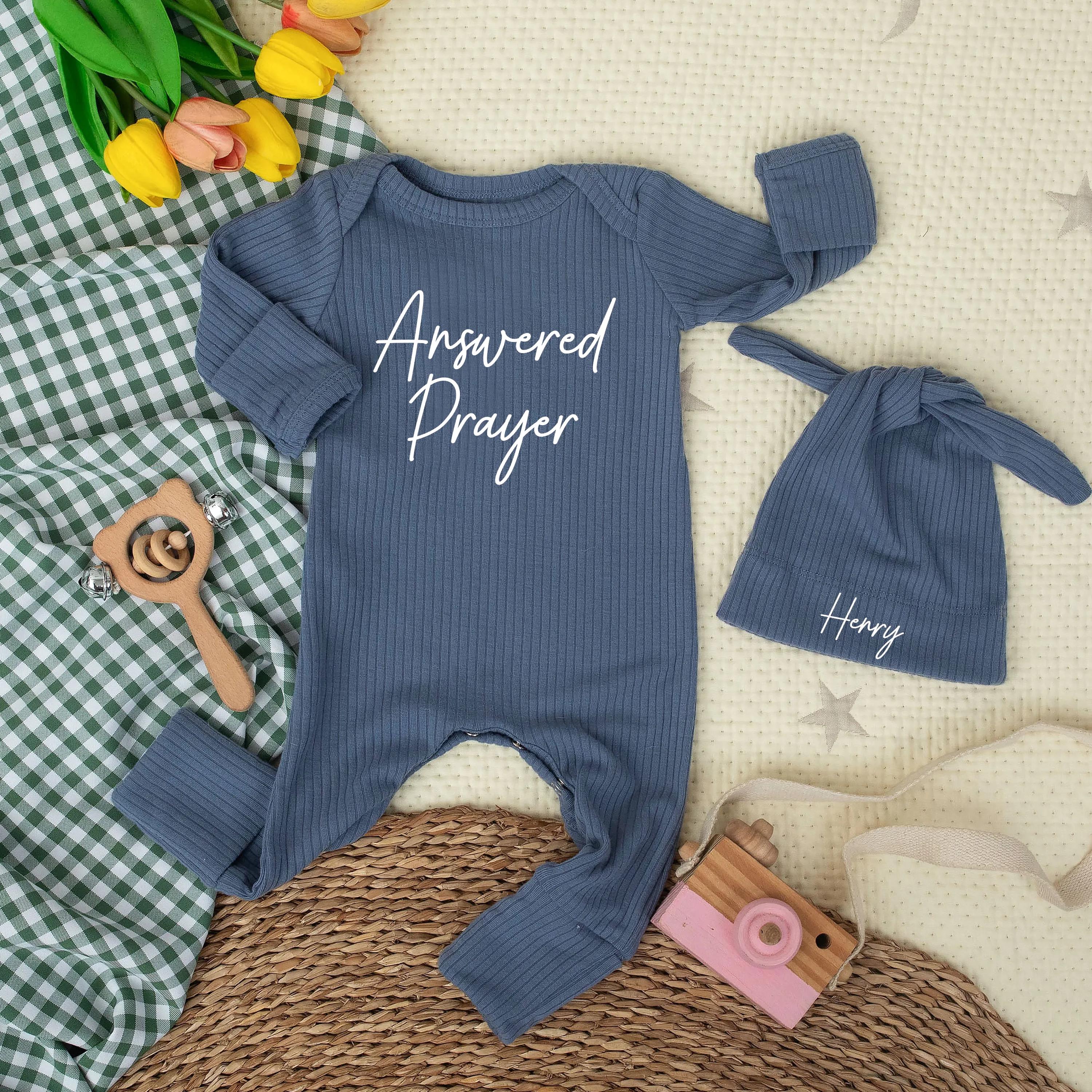 Personalized Baby Bodysuit and Hat Set with Name Minimalist Answered Prayer Design for Newborn Coming Home Outfit or Baby Shower Gift