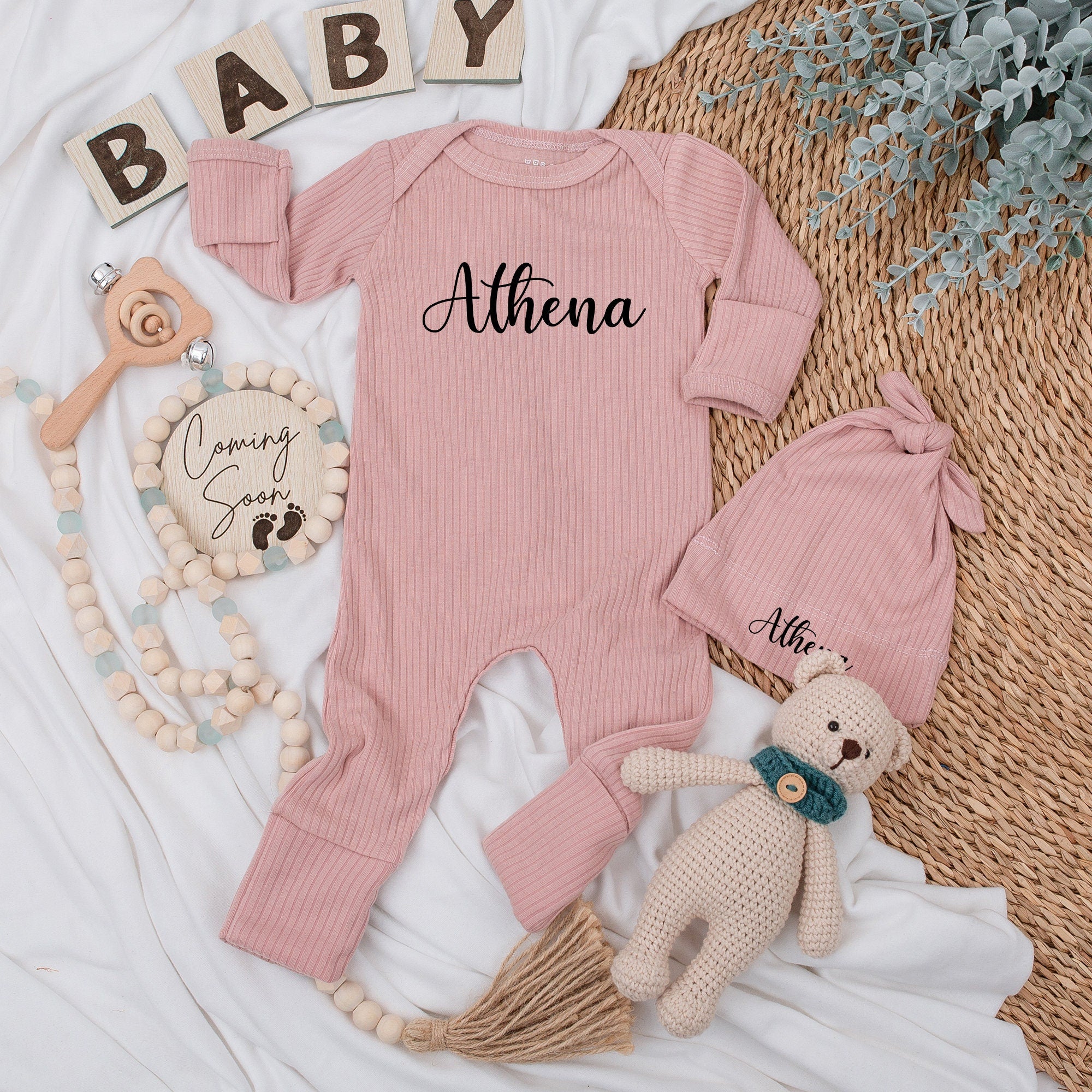 Personalized Baby Bodysuit and Hat Set with Name Stylish Cursive Font Neutral 2024 Newborn Gift Going Home Outfit Keepsake