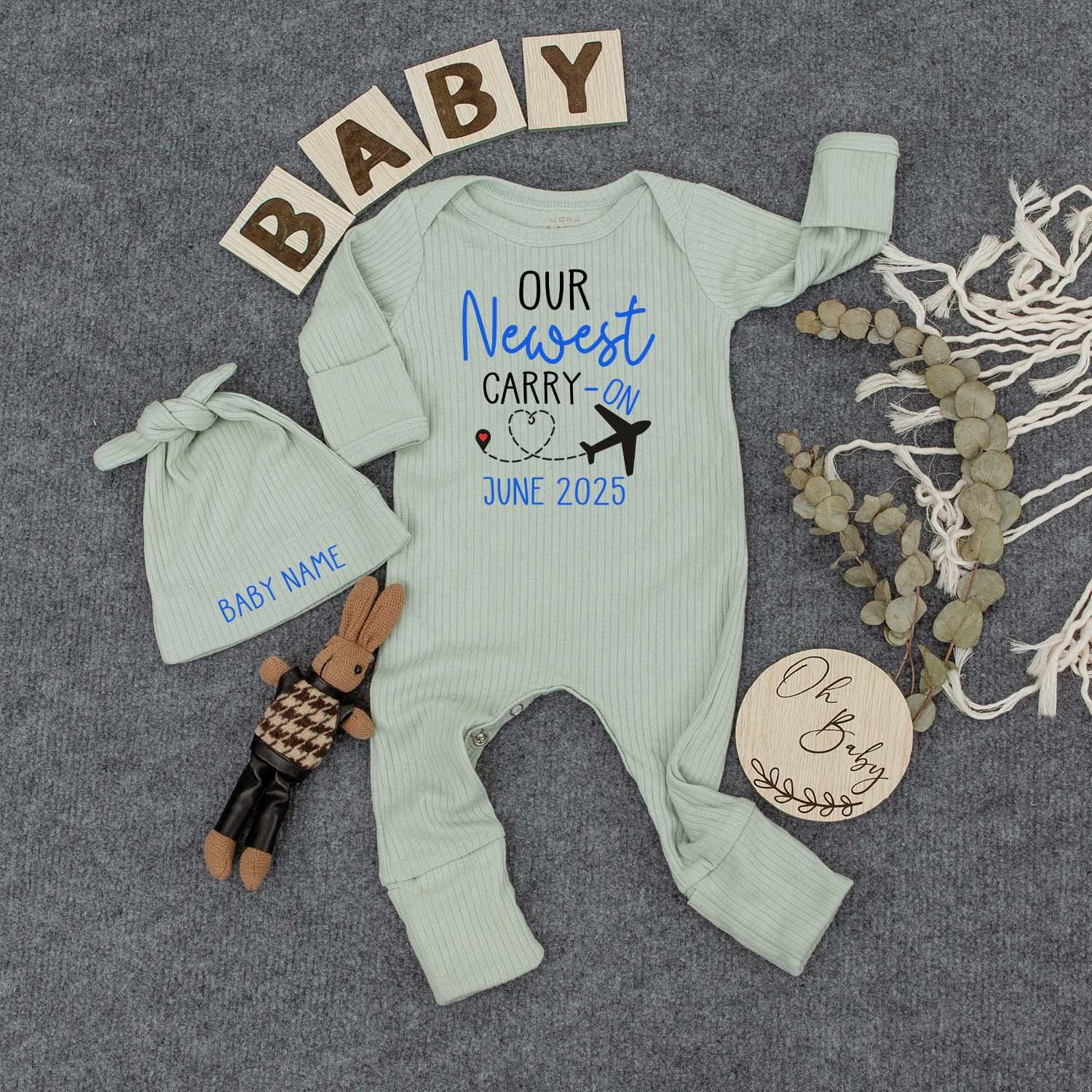 Personalized Baby Bodysuit Hat Set Our Newest Carry-On Design Custom Name Newborn Going Home Outfit June 2025 Gift Airplane Graphic
