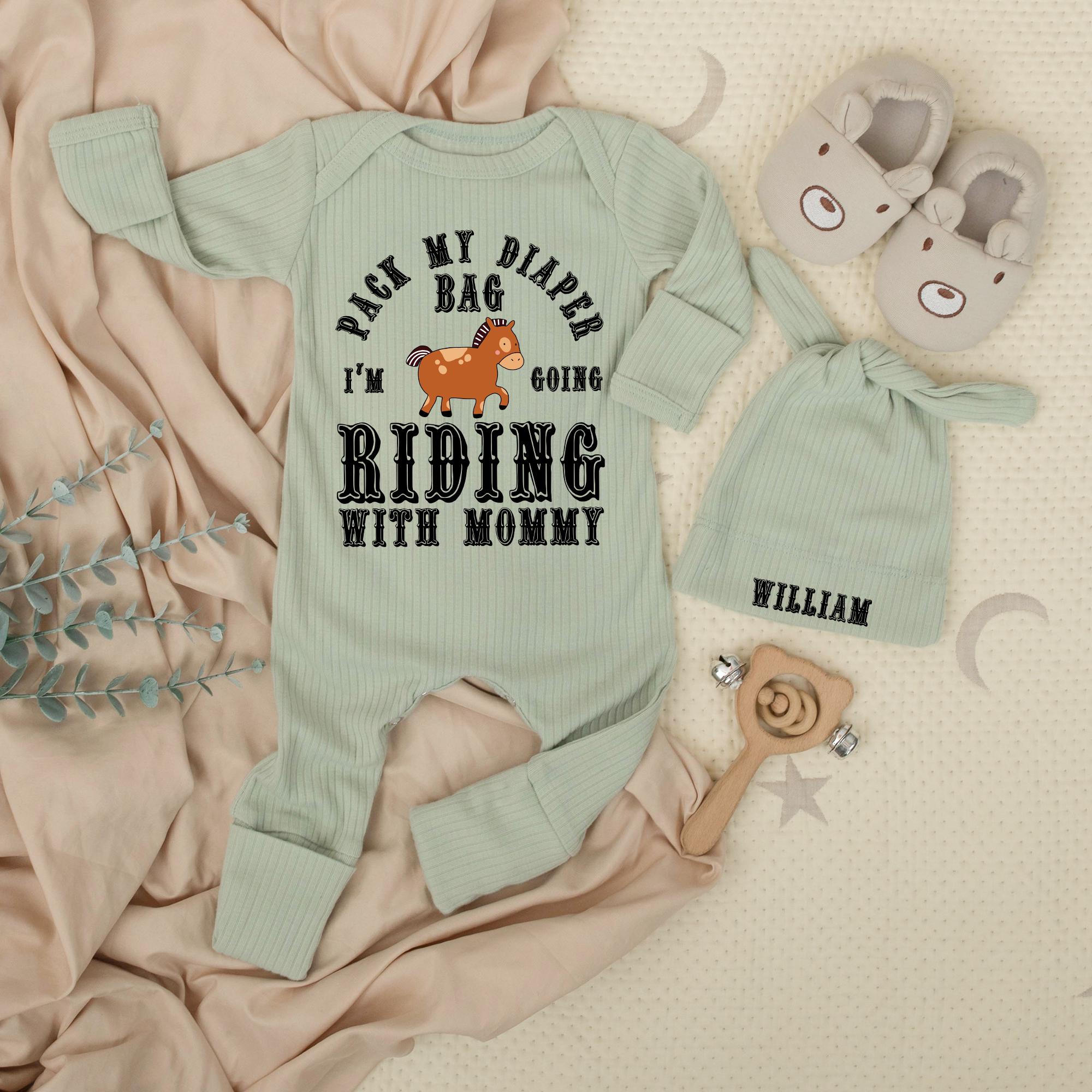 Personalized Baby Bodysuit and Hat Set Pack My Diaper Bag I'm Going Riding with Mommy Cute Horse Design Infant Outfit Gift for Newborn
