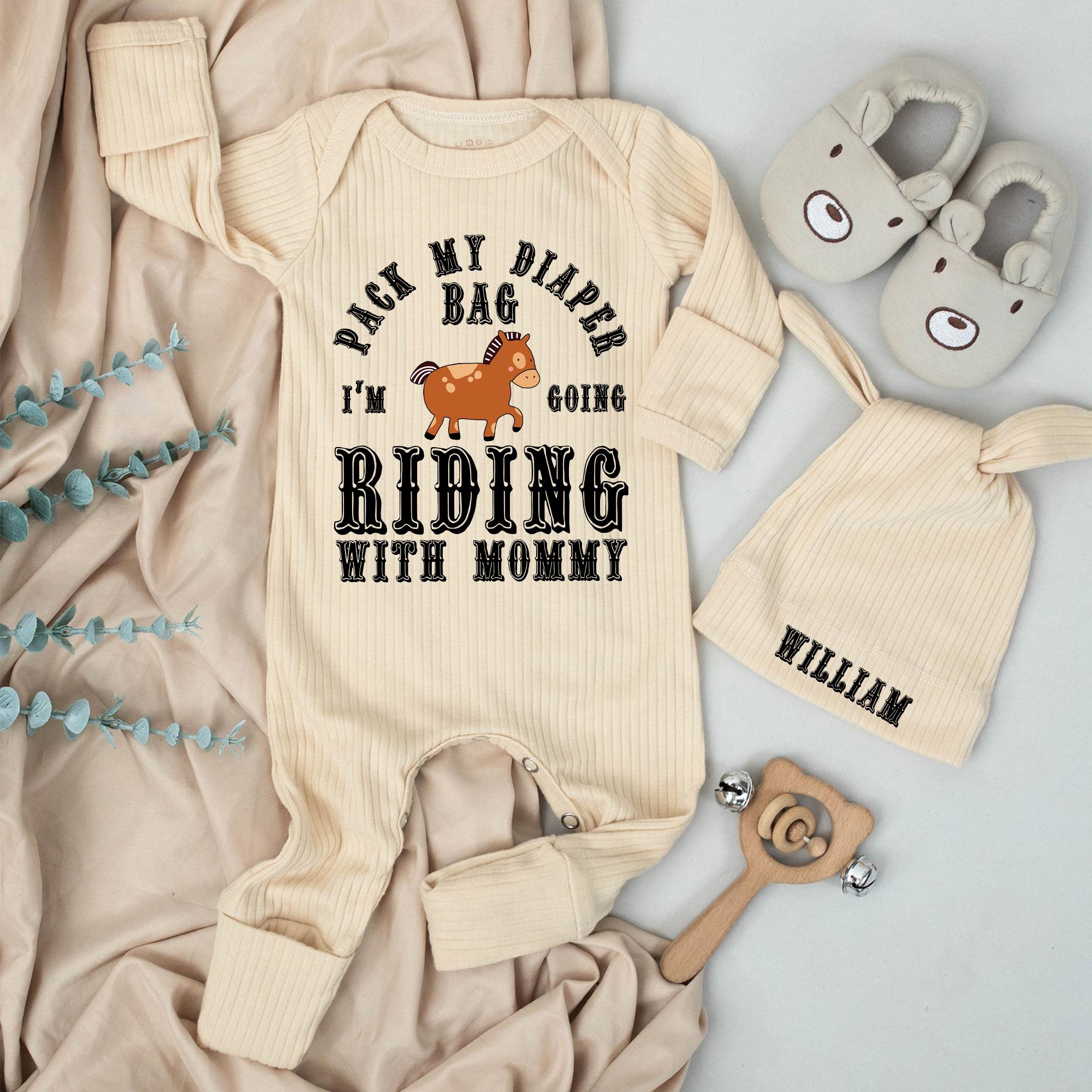 Personalized Baby Bodysuit and Hat Set Pack My Diaper Bag I'm Going Riding with Mommy Cute Horse Design Infant Outfit Gift for Newborn