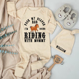Personalized Baby Bodysuit and Hat Set Pack My Diaper Bag I'm Going Riding with Mommy Cute Horse Design Infant Outfit Gift for Newborn