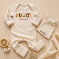 Personalized Baby Bodysuit & Hat Set with Patchwork Pumpkin Name Design, Soft Cotton Fall Outfit for Newborns, Perfect for Autumn Photos