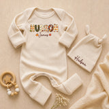 Personalized Baby Bodysuit & Hat Set with Patchwork Pumpkin Name Design, Soft Cotton Fall Outfit for Newborns, Perfect for Autumn Photos