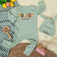 Personalized Baby Bodysuit & Hat Set with Patchwork Pumpkin Name Design, Soft Cotton Fall Outfit for Newborns, Perfect for Autumn Photos