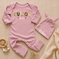 Personalized Baby Bodysuit & Hat Set with Patchwork Pumpkin Name Design, Soft Cotton Fall Outfit for Newborns, Perfect for Autumn Photos