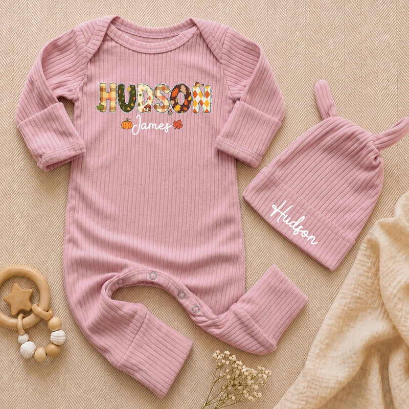 Personalized Baby Bodysuit & Hat Set with Patchwork Pumpkin Name Design, Soft Cotton Fall Outfit for Newborns, Perfect for Autumn Photos