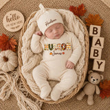 Personalized Baby Bodysuit & Hat Set with Patchwork Pumpkin Name Design, Soft Cotton Fall Outfit for Newborns, Perfect for Autumn Photos
