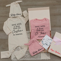 Personalized baby bodysuit and hat set with 'Sent with a kiss from my Custom in heaven' quote, soft cotton newborn outfit, baby shower gift
