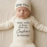 Personalized baby bodysuit and hat set with 'Sent with a kiss from my Custom in heaven' quote, soft cotton newborn outfit, baby shower gift