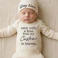 Personalized baby bodysuit and hat set with 'Sent with a kiss from my Custom in heaven' quote, soft cotton newborn outfit, baby shower gift