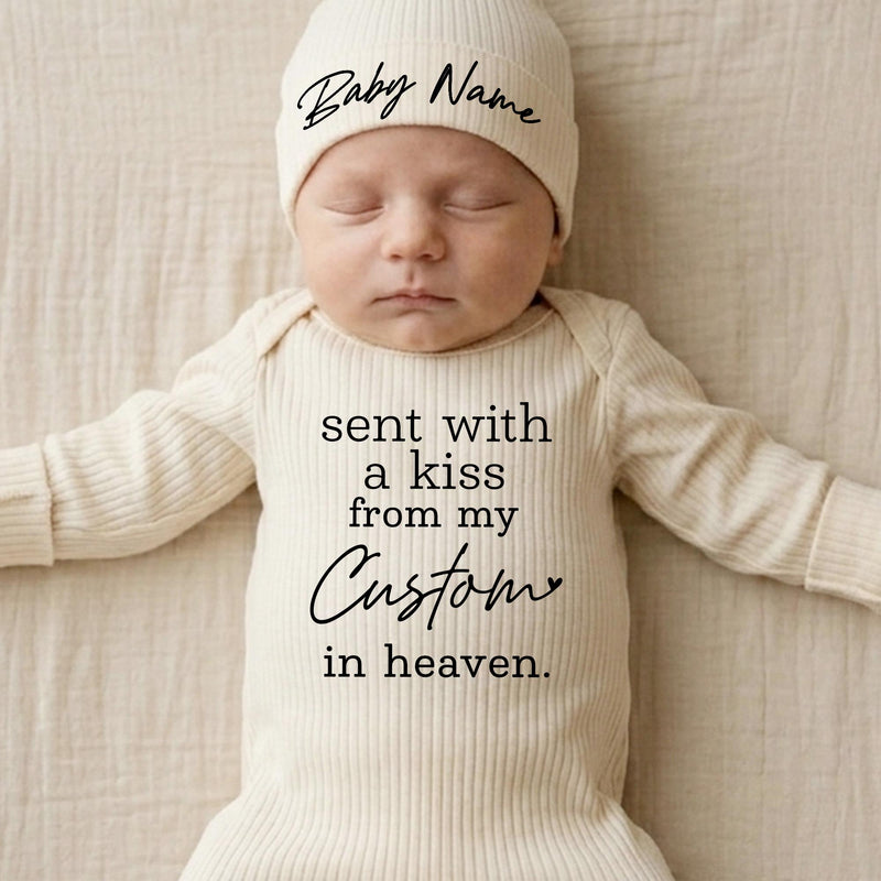 Personalized baby bodysuit and hat set with 'Sent with a kiss from my Custom in heaven' quote, soft cotton newborn outfit, baby shower gift
