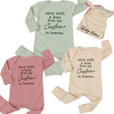 Personalized baby bodysuit and hat set with 'Sent with a kiss from my Custom in heaven' quote, soft cotton newborn outfit, baby shower gift