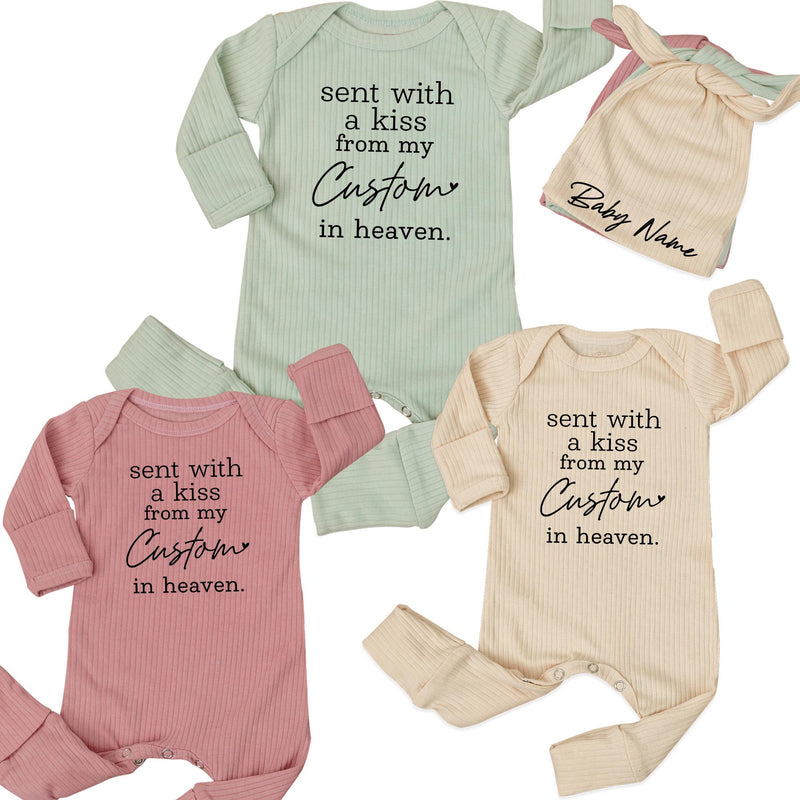 Personalized baby bodysuit and hat set with 'Sent with a kiss from my Custom in heaven' quote, soft cotton newborn outfit, baby shower gift