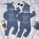 Personalized baby bodysuit and hat set with 'Sent with a kiss from my Custom in heaven' quote, soft cotton newborn outfit, baby shower gift