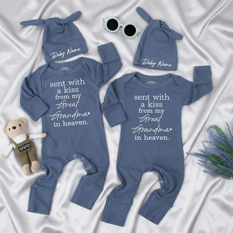 Personalized baby bodysuit and hat set with 'Sent with a kiss from my Custom in heaven' quote, soft cotton newborn outfit, baby shower gift