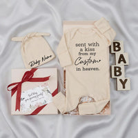 Personalized baby bodysuit and hat set with 'Sent with a kiss from my Custom in heaven' quote, soft cotton newborn outfit, baby shower gift