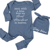 Personalized baby bodysuit and hat set with 'Sent with a kiss from my Custom in heaven' quote, soft cotton newborn outfit, baby shower gift