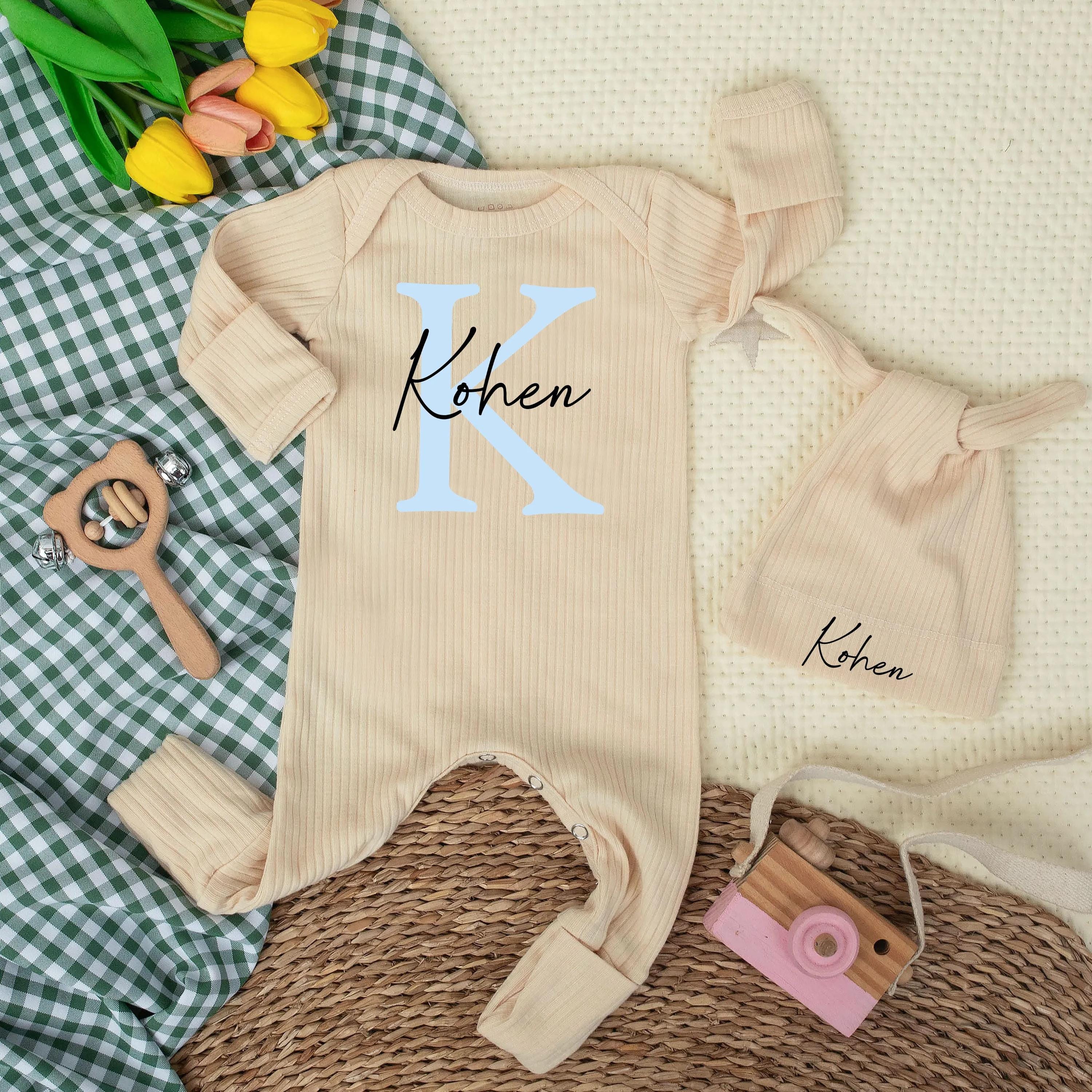 Personalized Baby Bodysuit with Initial and Name, Soft Cotton Newborn Outfit, Custom Coming Home Set with Hat, Baby Shower Gift Idea