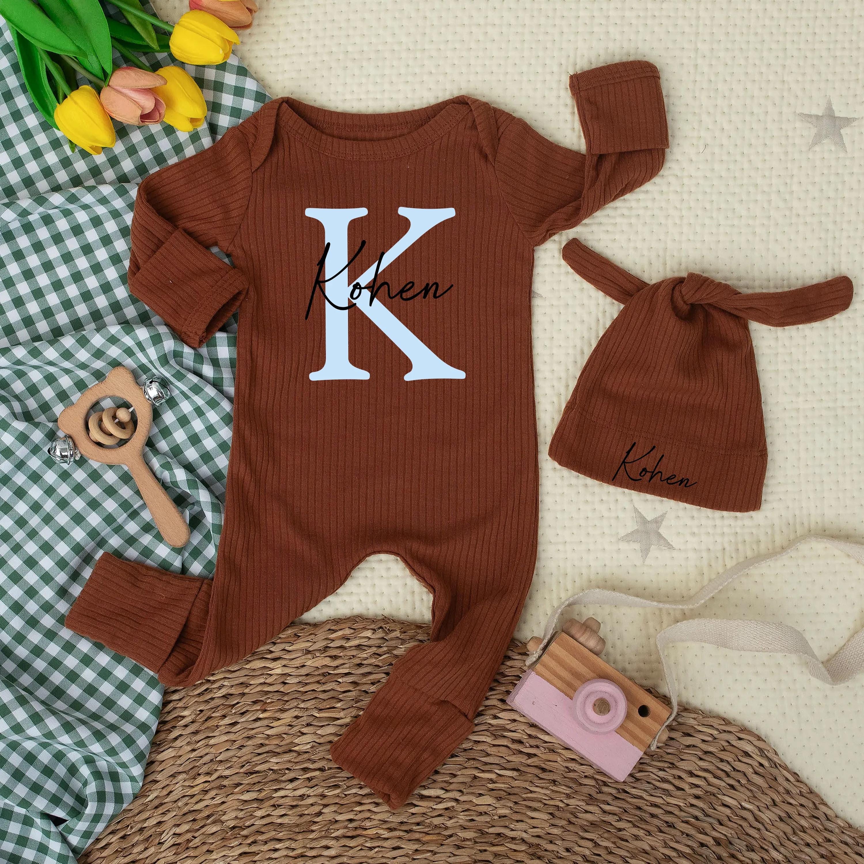 Personalized Baby Bodysuit with Initial and Name, Soft Cotton Newborn Outfit, Custom Coming Home Set with Hat, Baby Shower Gift Idea