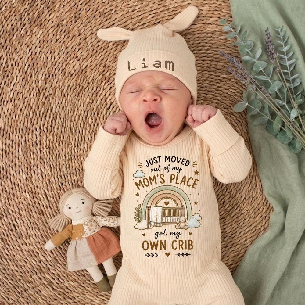 Personalized Baby Bodysuit Just Moved Out of Mom’s Place Own Crib Design Newborn Outfit Cotton Coming Home Gift Boho Rainbow Colors