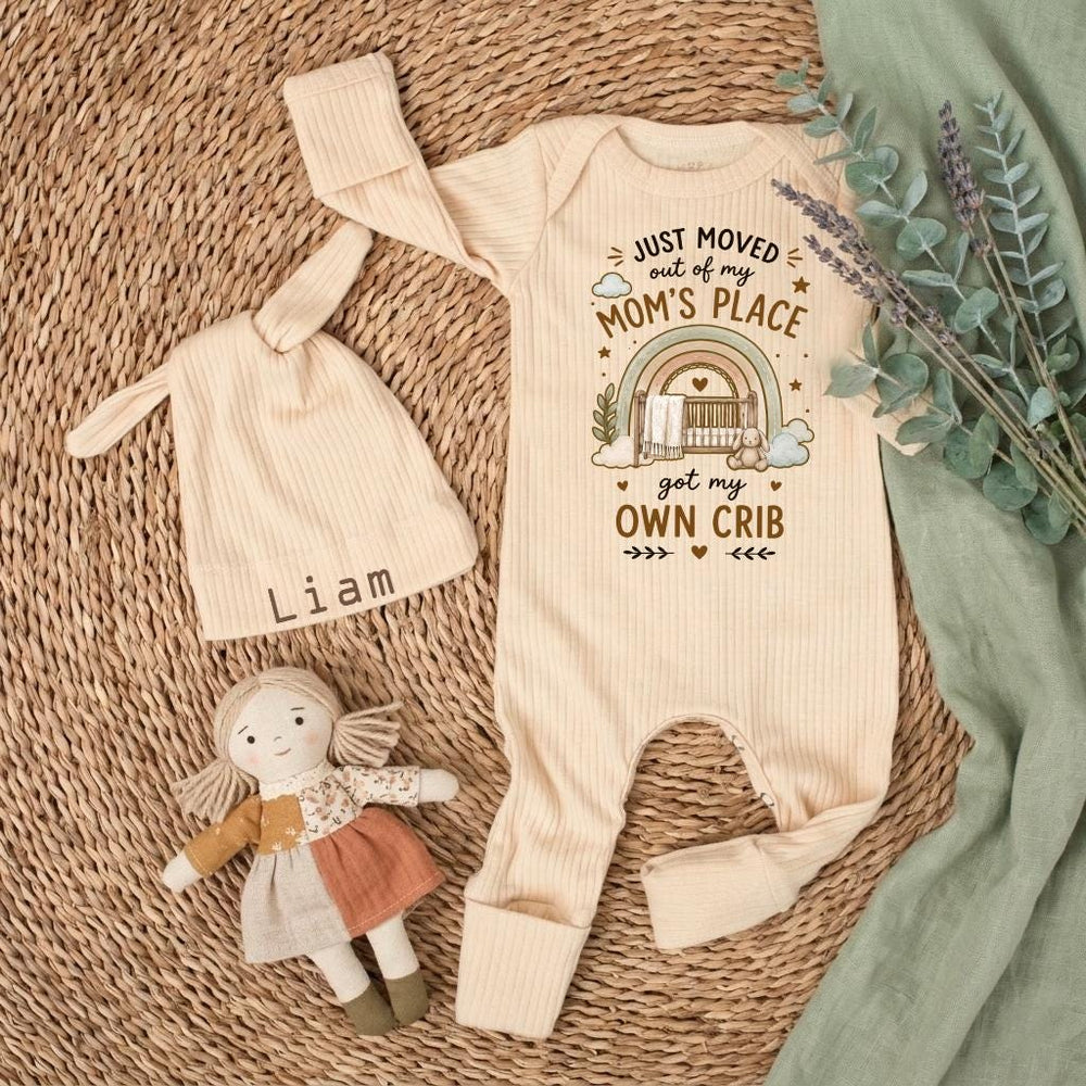 Personalized Baby Bodysuit Just Moved Out of Mom’s Place Own Crib Design Newborn Outfit Cotton Coming Home Gift Boho Rainbow Colors